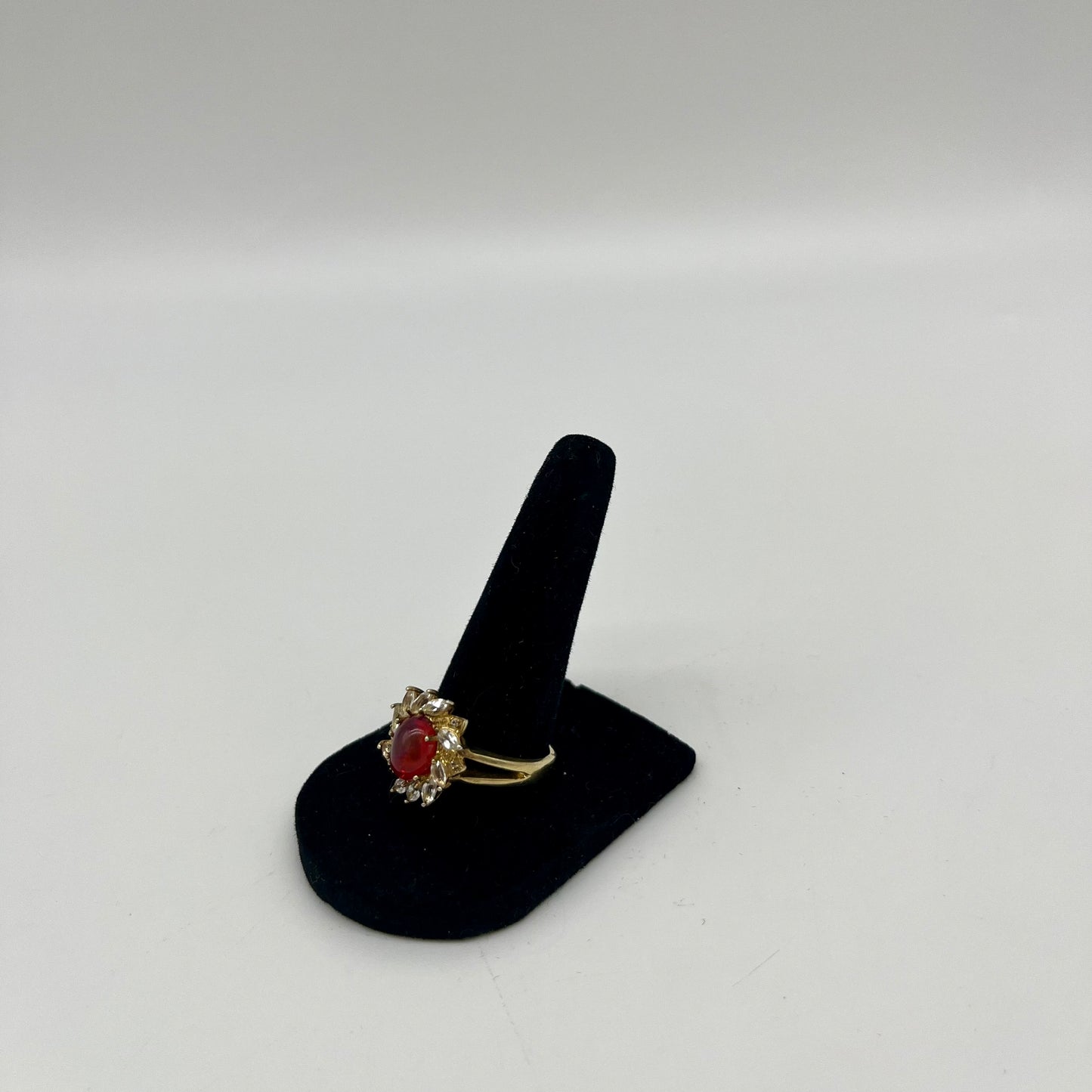 Antique Fire Opalescent Amber Cabochon & Spinel Ring- 2 CTW 9K Gold