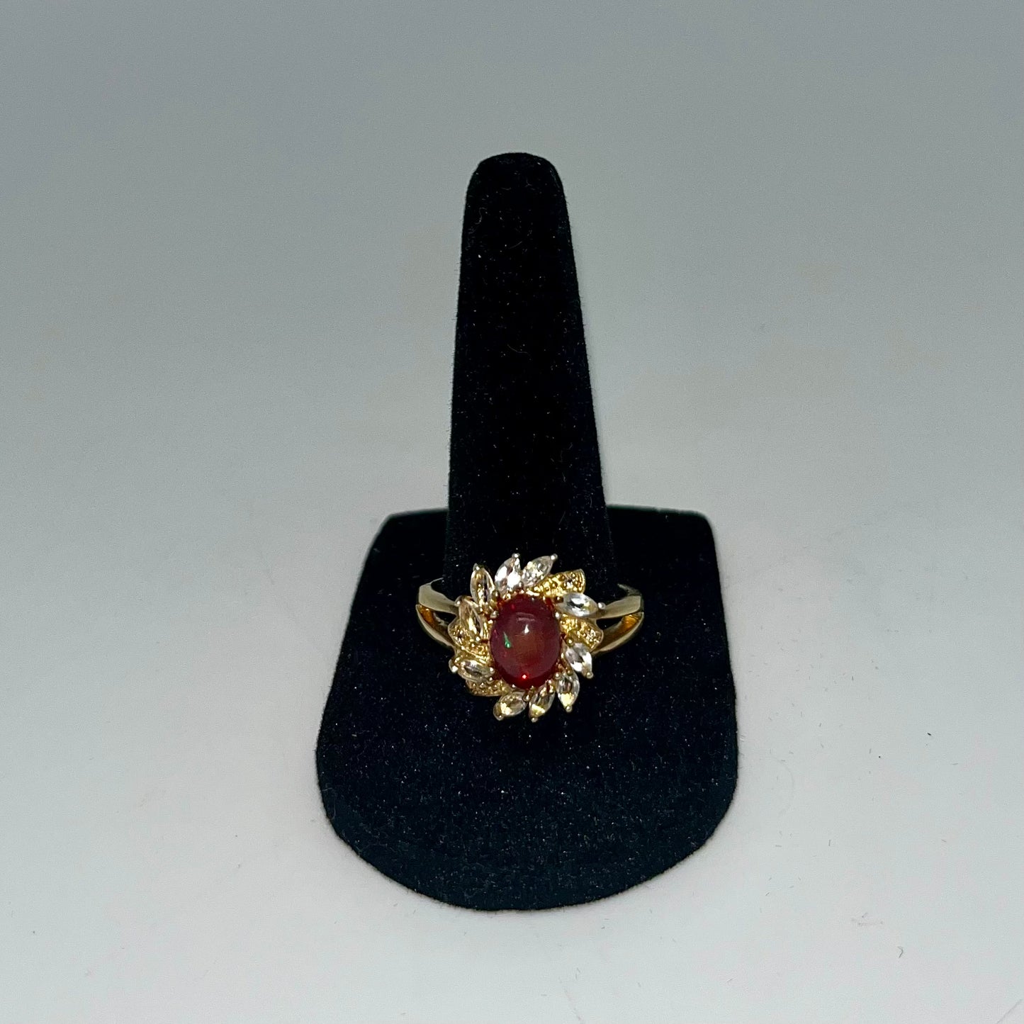 Antique Fire Opalescent Amber Cabochon & Spinel Ring- 2 CTW 9K Gold