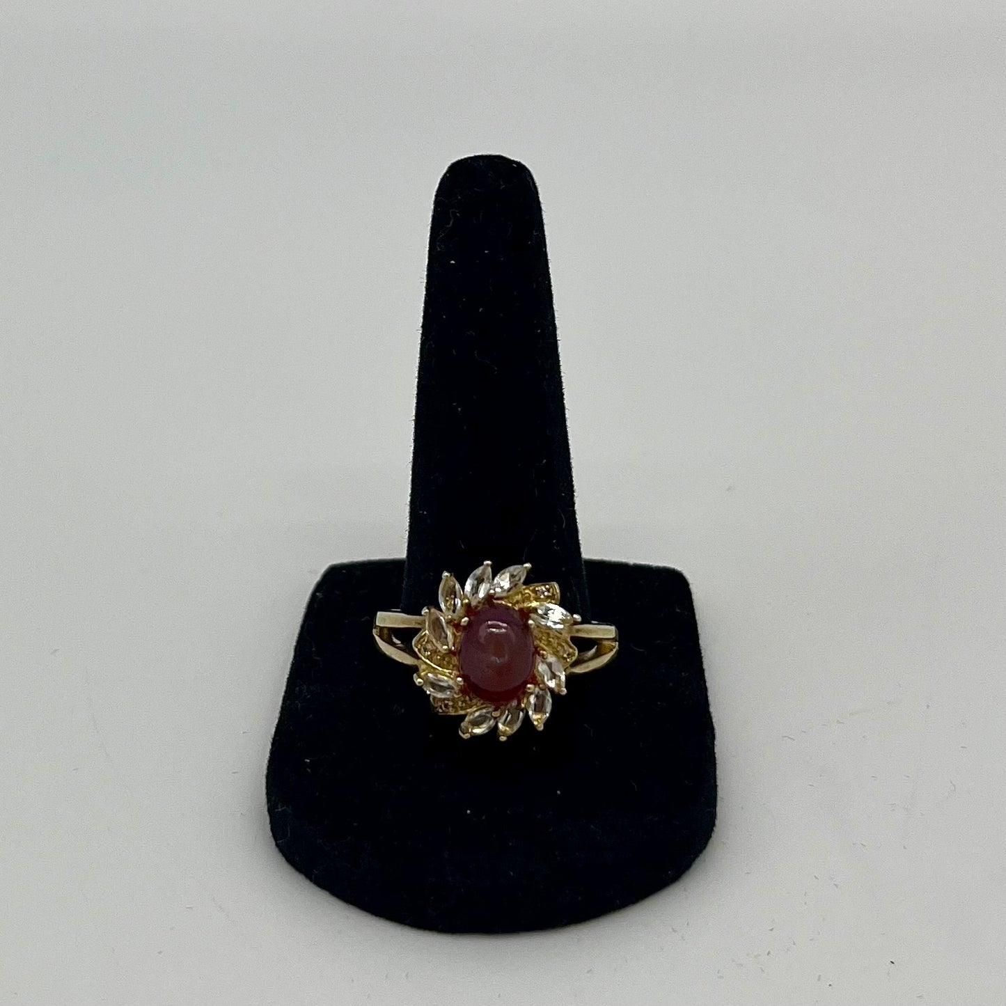 Antique Fire Opalescent Amber Cabochon & Spinel Ring- 2 CTW 9K Gold