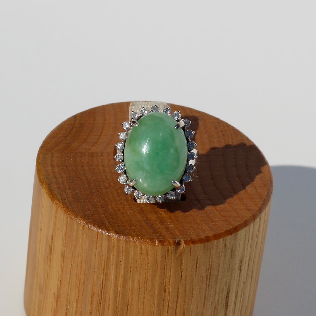 Jade Cabochon & Diamond Halo Ring, 14.13 Carats 14K Gold