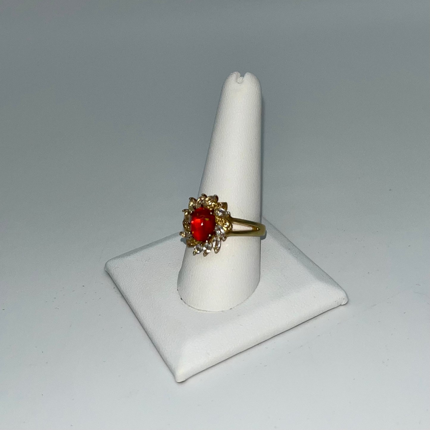 Antique Fire Opalescent Amber Cabochon & Spinel Ring- 2 CTW 9K Gold