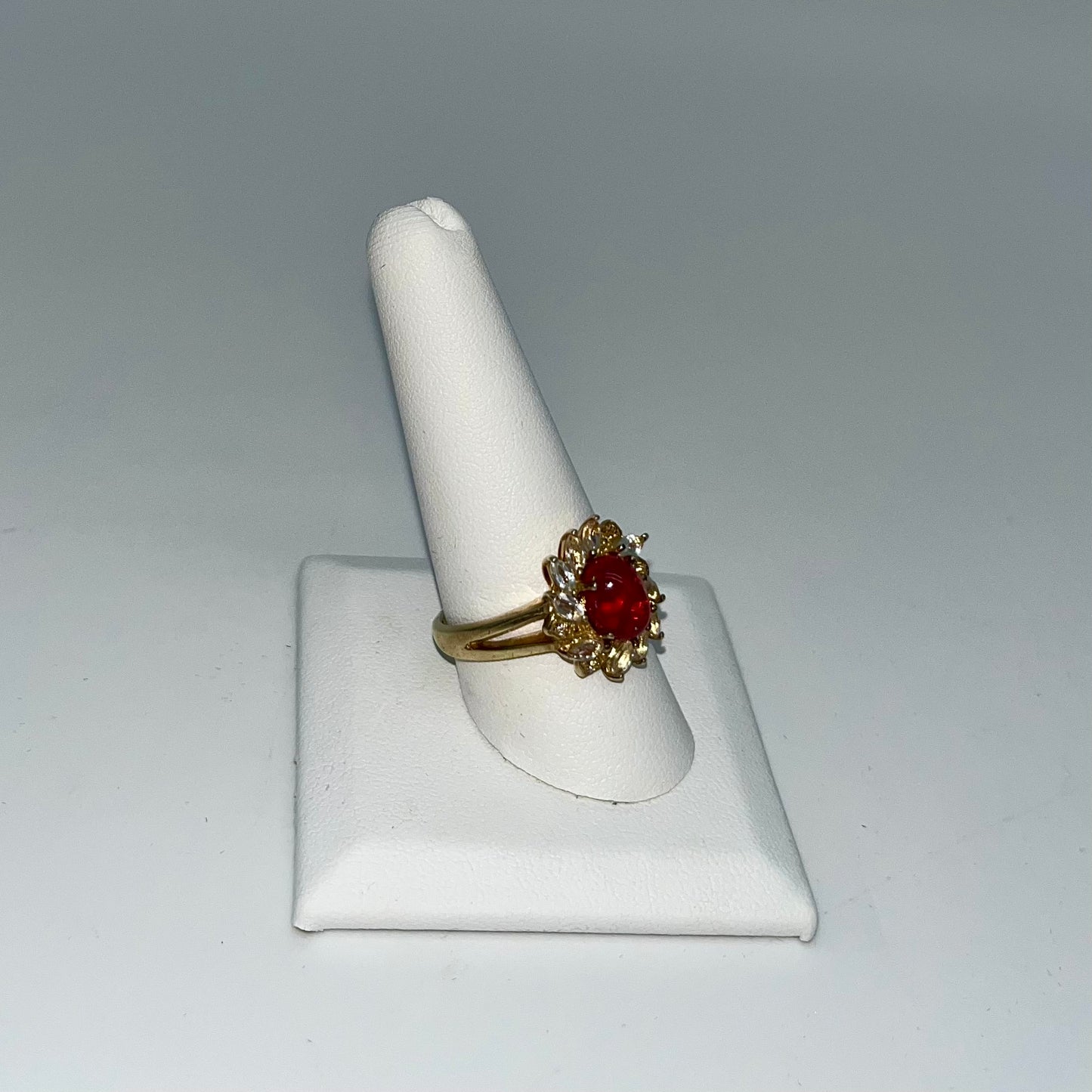 Antique Opalescent Amber Cabochon & Spinel Ring, 2 Carats 9K Gold