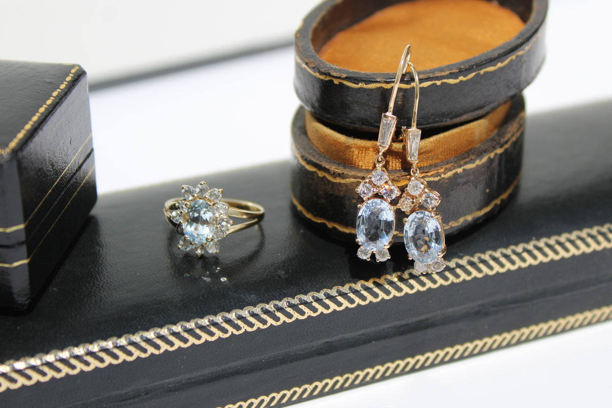Antique Aquamarine & Diamond Set, 5.59 Carats 14K Gold
