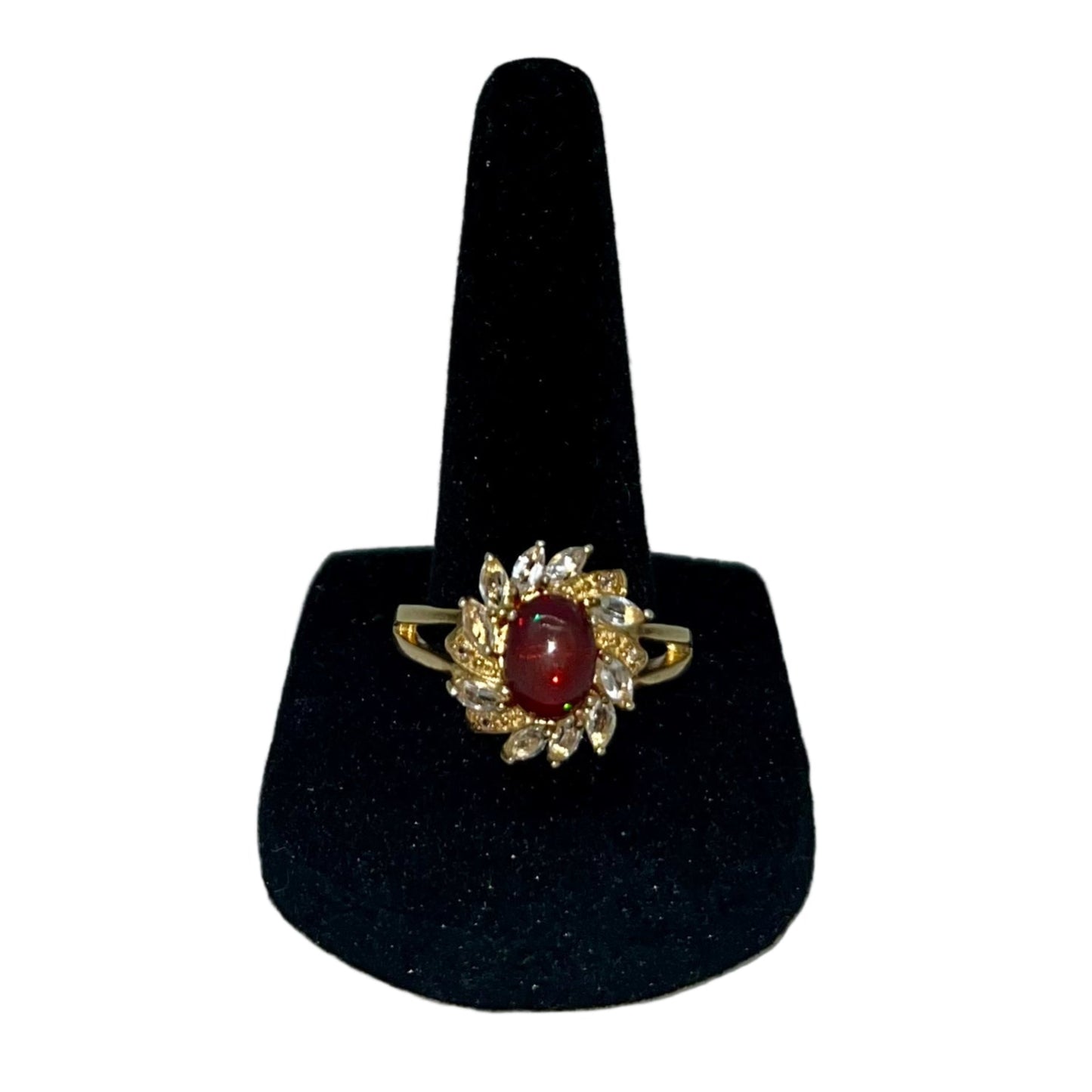 Antique Fire Opalescent Amber Cabochon & Spinel Ring- 2 CTW 9K Gold