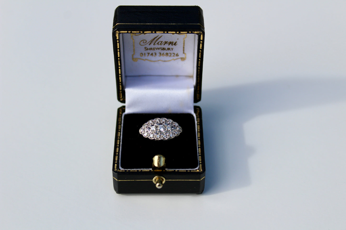 1930's East/West Diamond Cluster Ring, 1.28 Carats 14K White Gold & Platinum