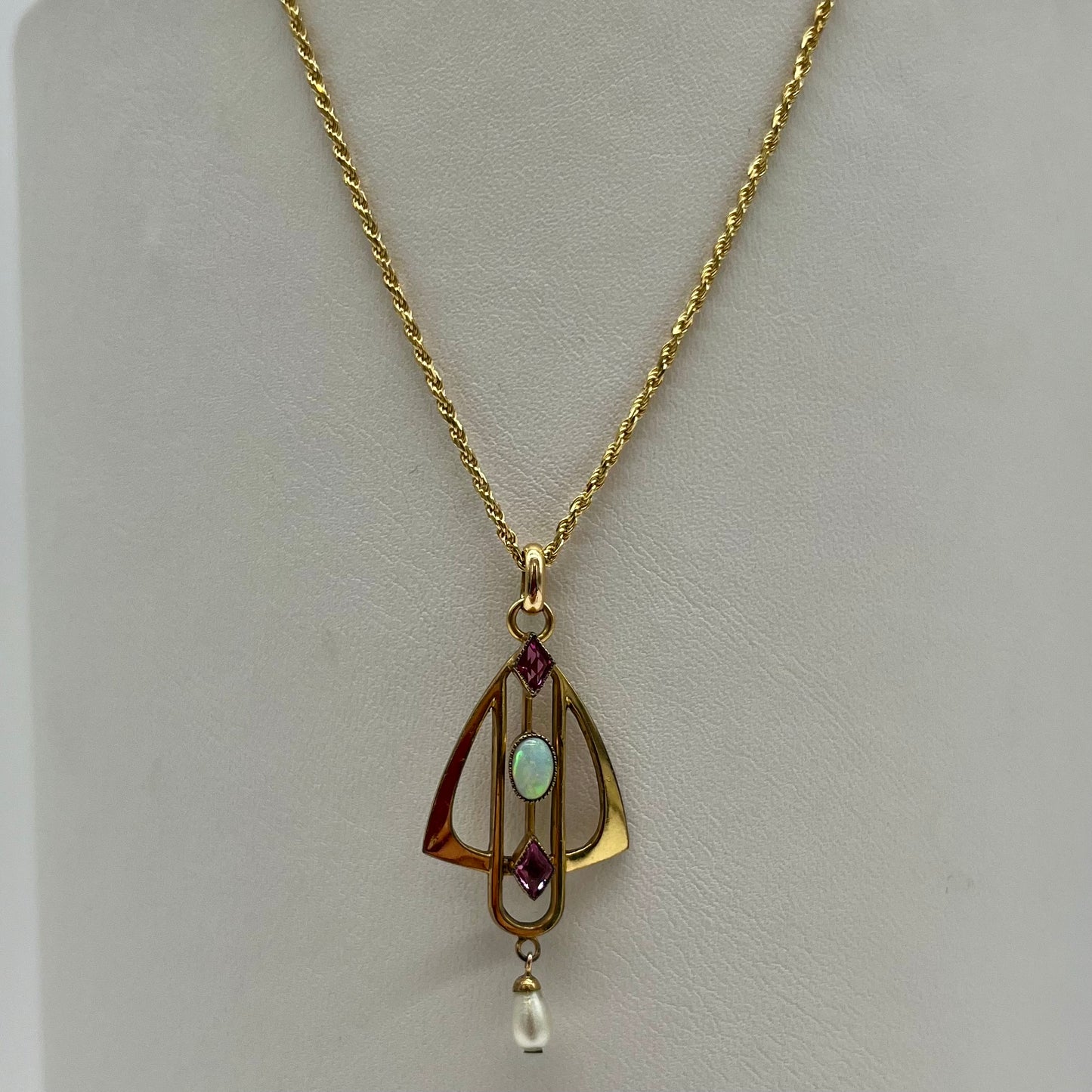 Edwardian Opal, Amethyst, & Pearl Necklace, 0.88 CTW 14K Gold