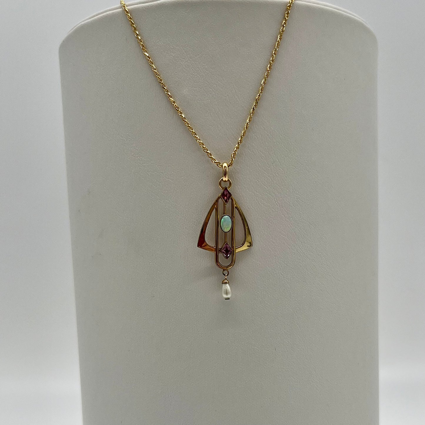 Edwardian Opal, Amethyst, & Pearl Necklace, 0.88 CTW 14K Gold