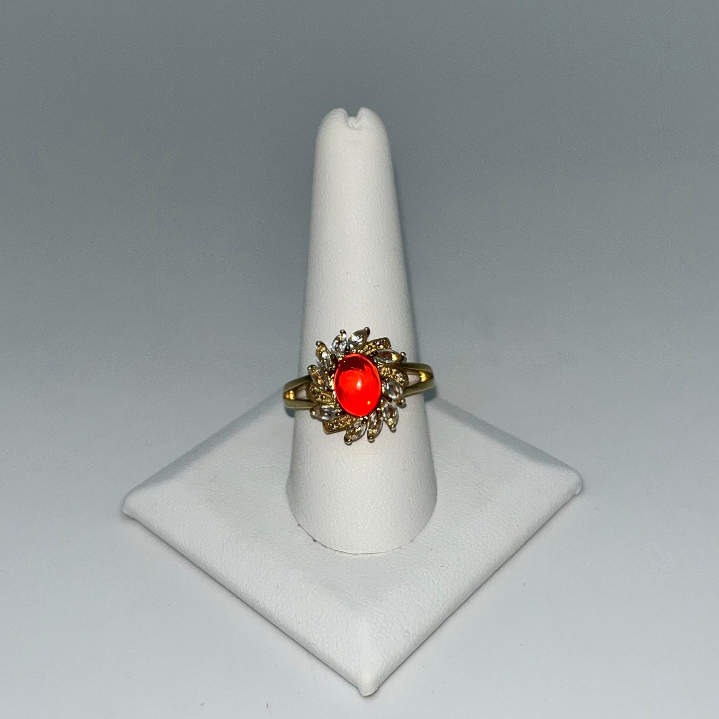Antique Fire Opalescent Amber Cabochon & Spinel Ring- 2 CTW 9K Gold