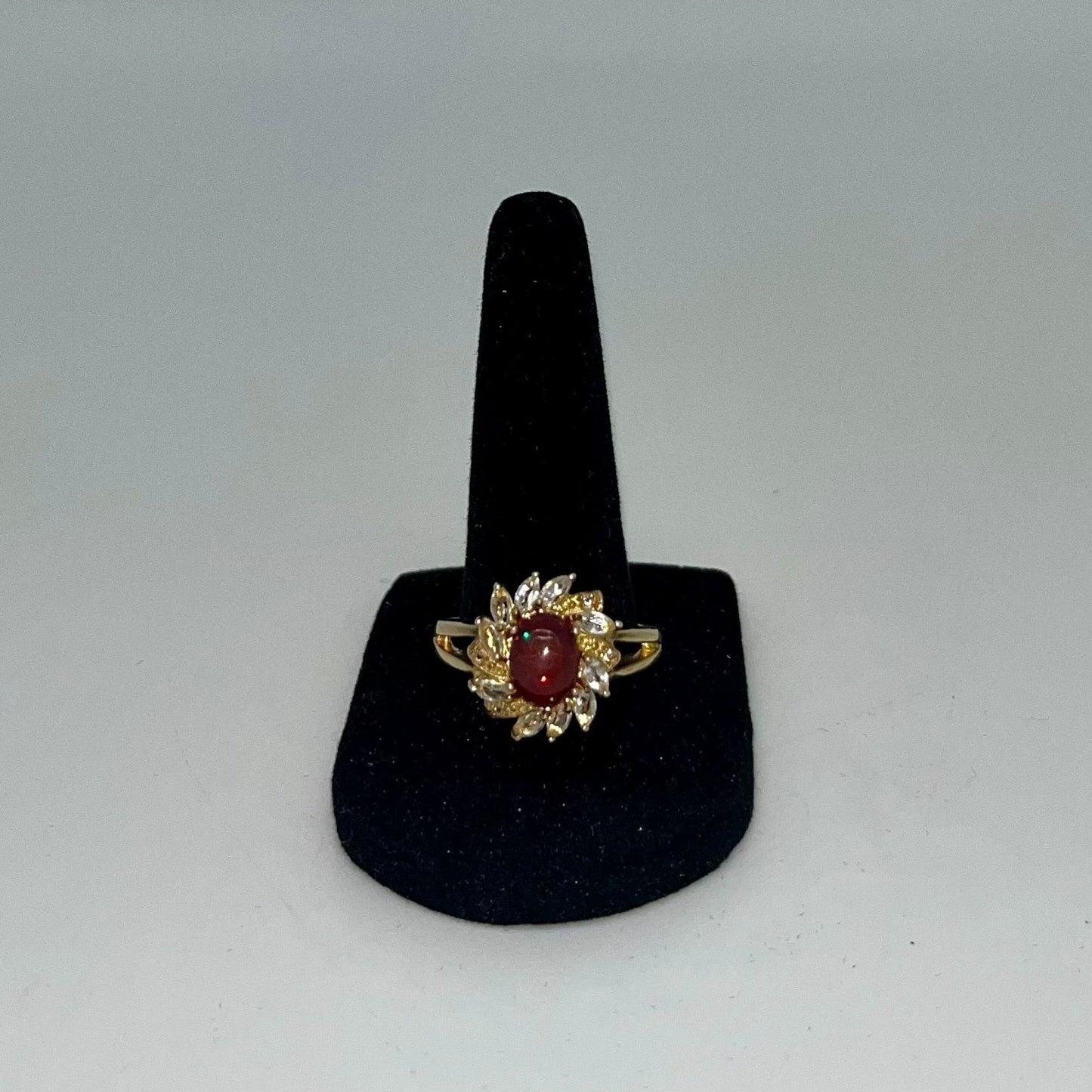 Antique Fire Opalescent Amber Cabochon & Spinel Ring- 2 CTW 9K Gold