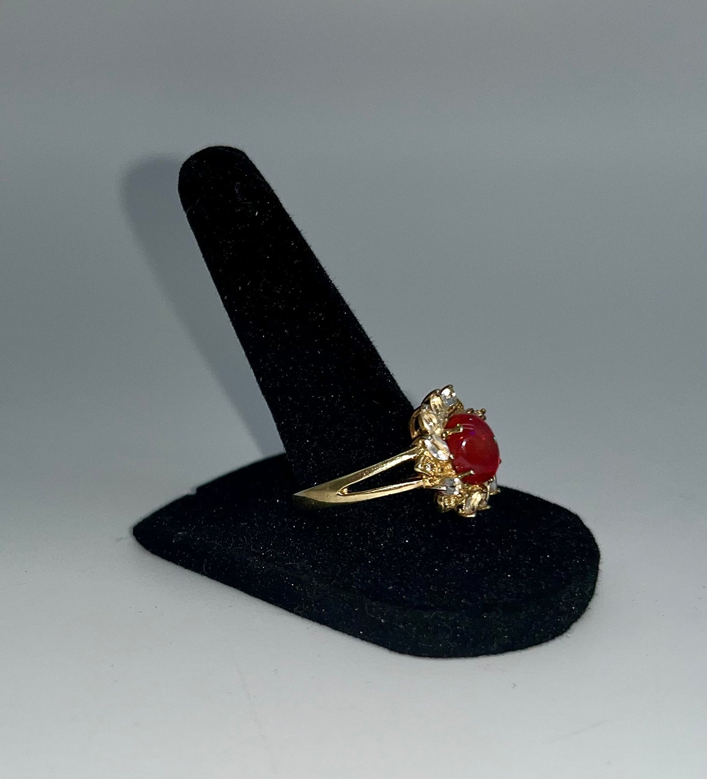 Antique Fire Opalescent Amber Cabochon & Spinel Ring- 2 CTW 9K Gold
