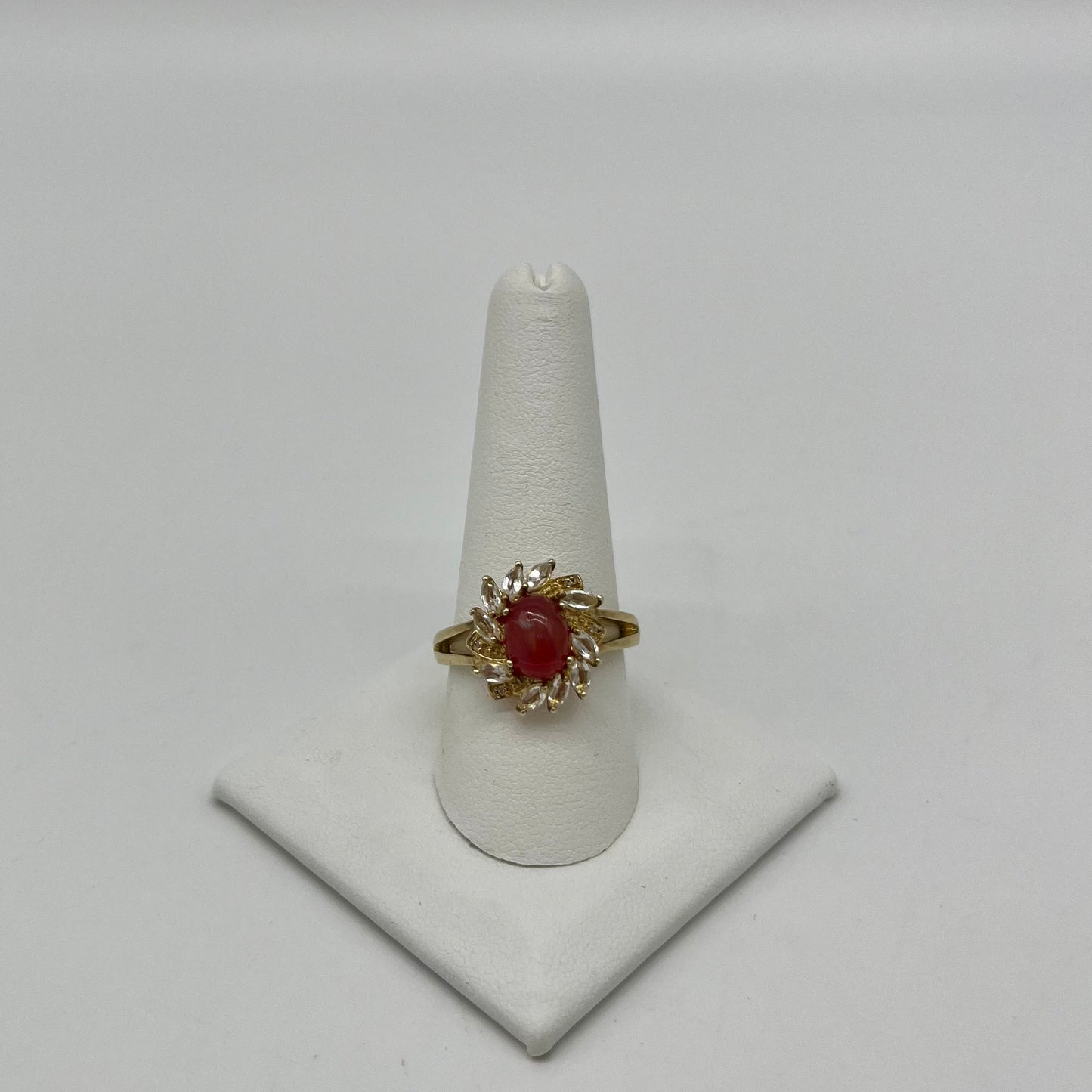 Antique Fire Opalescent Amber Cabochon & Spinel Ring- 2 CTW 9K Gold