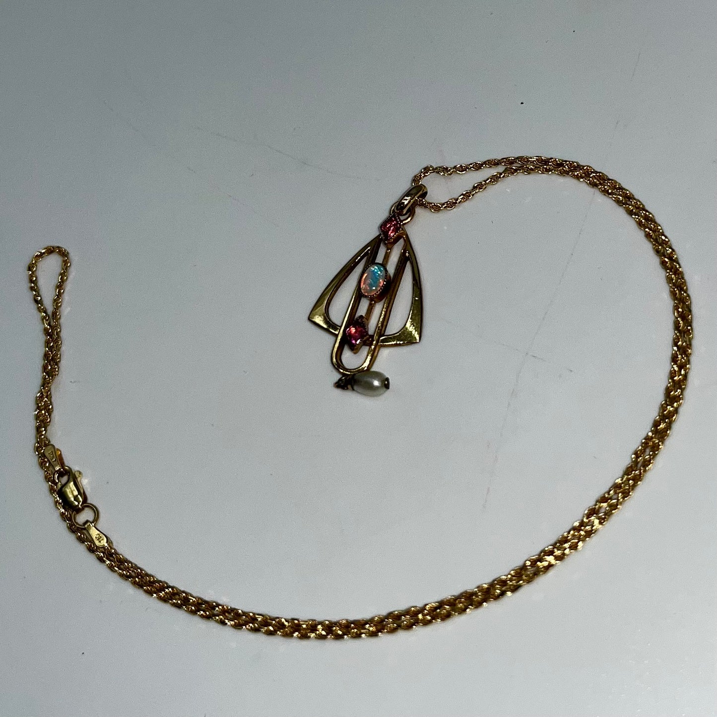 Edwardian Opal, Amethyst, & Pearl Necklace, 0.88 CTW 14K Gold