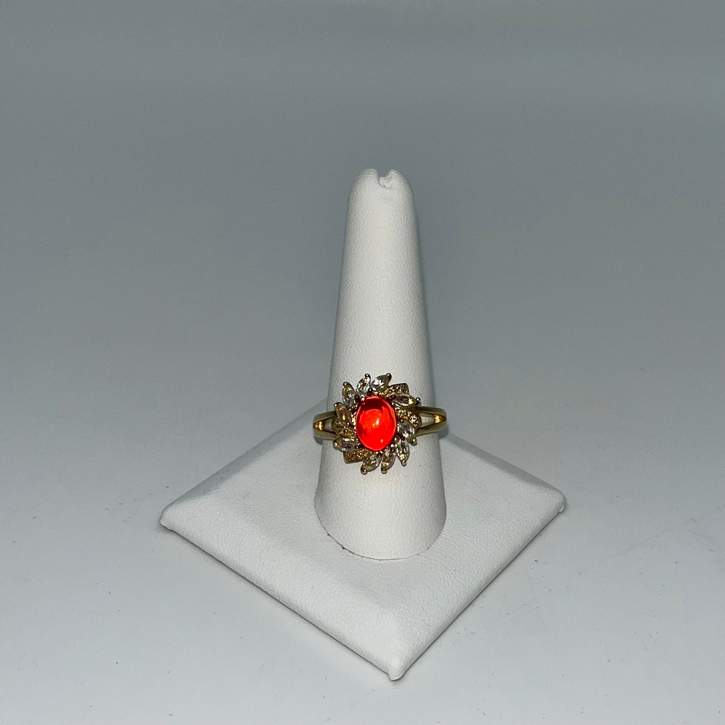 Antique Fire Opalescent Amber Cabochon & Spinel Ring- 2 CTW 9K Gold