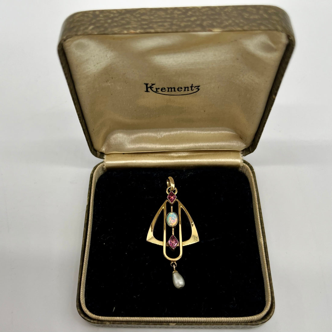 Edwardian Opal, Amethyst, & Pearl Pendant, 0.88 Carat 14K Gold