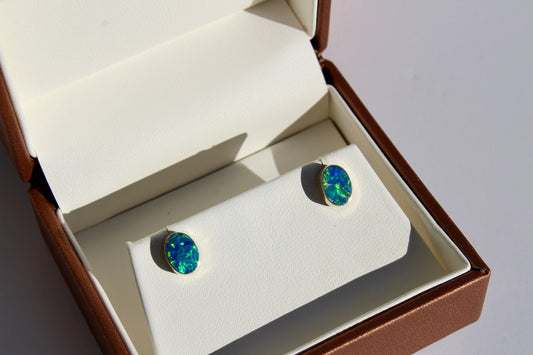 Australian Black Opal Earrings, 1 Carat 14K Gold