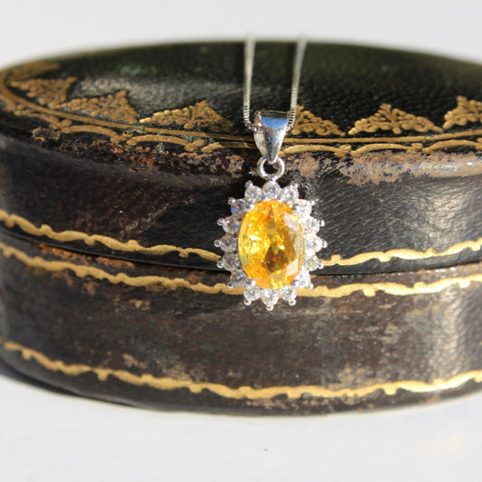Citrine & White Sapphire Halo Pendant Necklace, 1 Carat 925 Sterling Silver