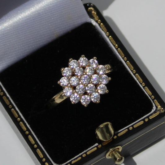 Vintage English CZ Cluster Cocktail Ring, 1.52 Carats 9K Gold