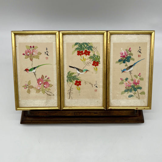 1930's Chinese Hand-painted Silk Birds (Framed Trio Set)