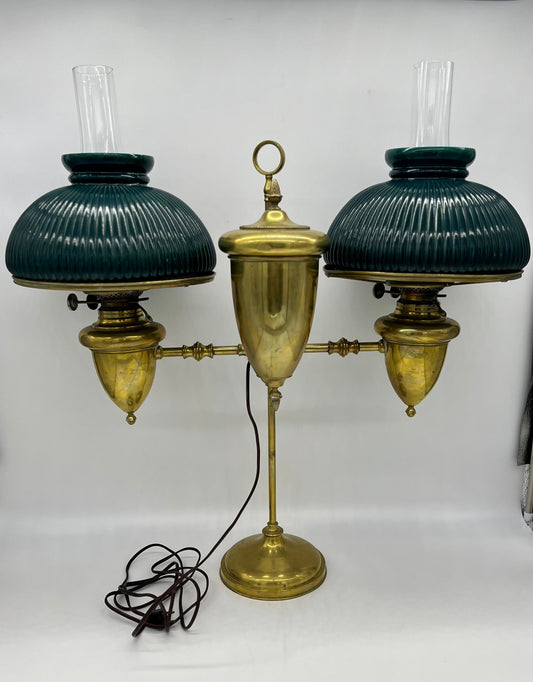 1870's Victorian Emerald Green Ribbed Brass Double Student Lamp