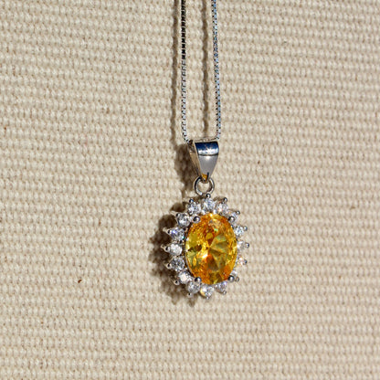 Citrine & White Sapphire Halo Pendant Necklace, 1 Carat 925 Sterling Silver