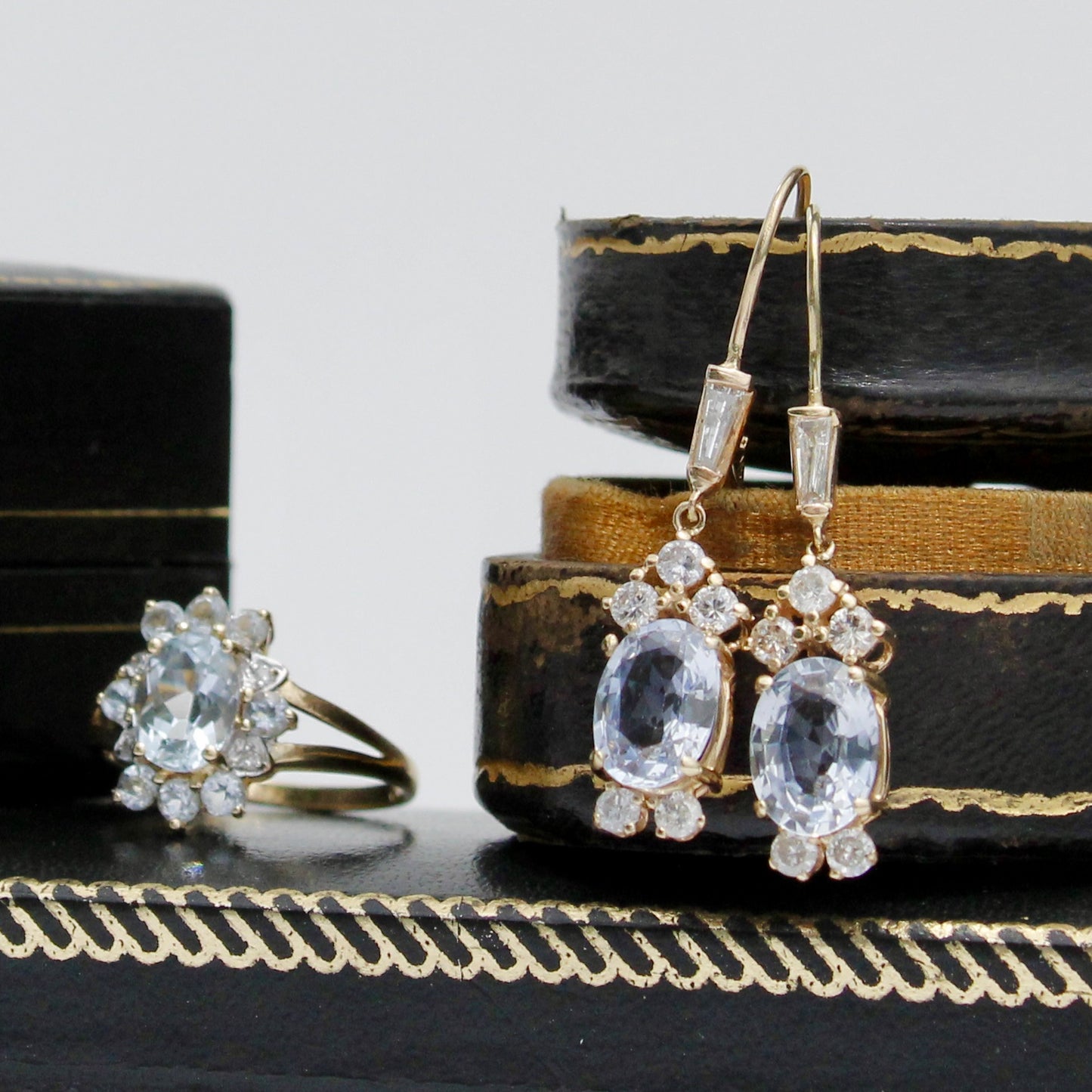 Antique Aquamarine & Diamond Set, 5.59 Carats 14K Gold