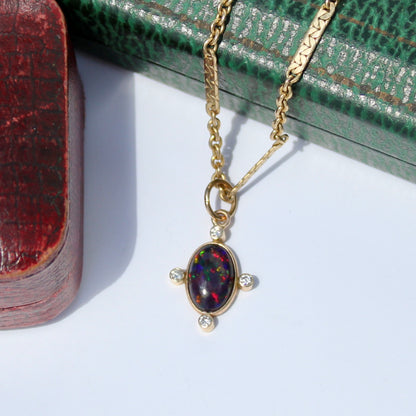 Black Opal Cabochon & Diamond Pendant, 2.12 Carats 14K Gold