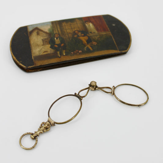 Victorian Lorgnette Folding Spectacles (Gold Vermeil, Hand-Painted Case)