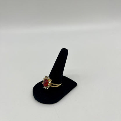 Antique Fire Opalescent Amber Cabochon & Spinel Ring- 2 CTW 9K Gold