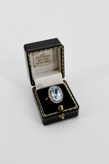 Blue Topaz & Diamond Halo Cocktail Ring,  8.514 CTW 14K Gold