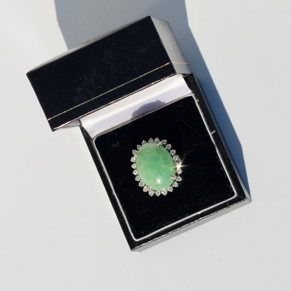 Jade Cabochon & Diamond Halo Ring, 14.13 Carats 14K Gold