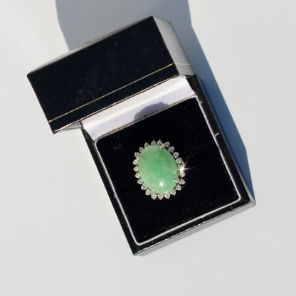 Jade Cabochon & Diamond Halo Ring, 14.13 Carats 14K Gold