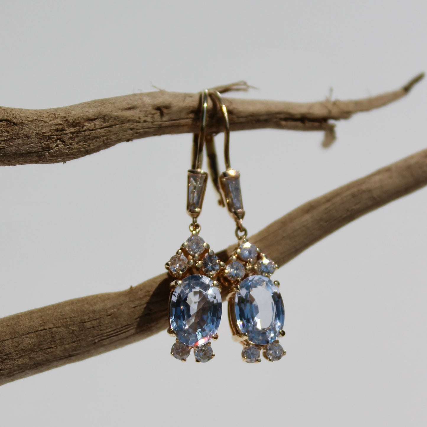 Antique Aquamarine & Diamond Drop Earrings, 3.78 Carats 14K Gold