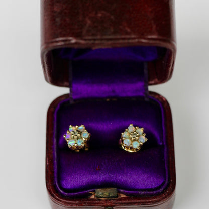 1920's Opal & Diamond Flower Earrings, 0.57 Carat 9K Gold