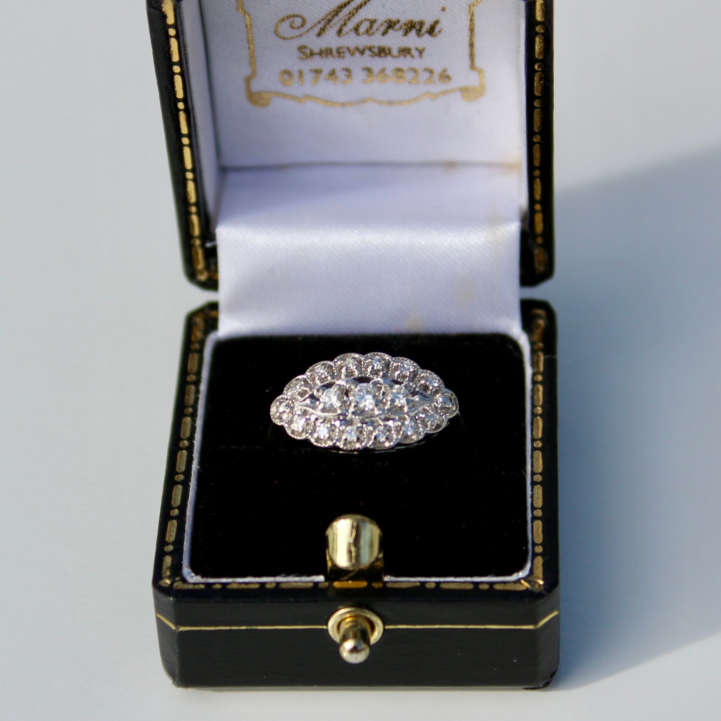 1930's East/West Diamond Cluster Ring, 1.28 Carats 14K White Gold & Platinum