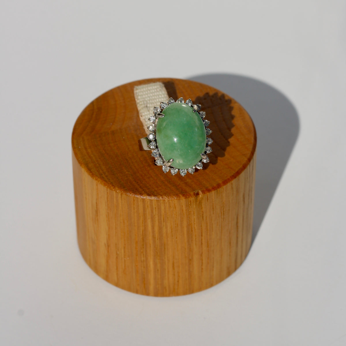 Jade Cabochon & Diamond Halo Ring, 14.13 Carats 14K Gold