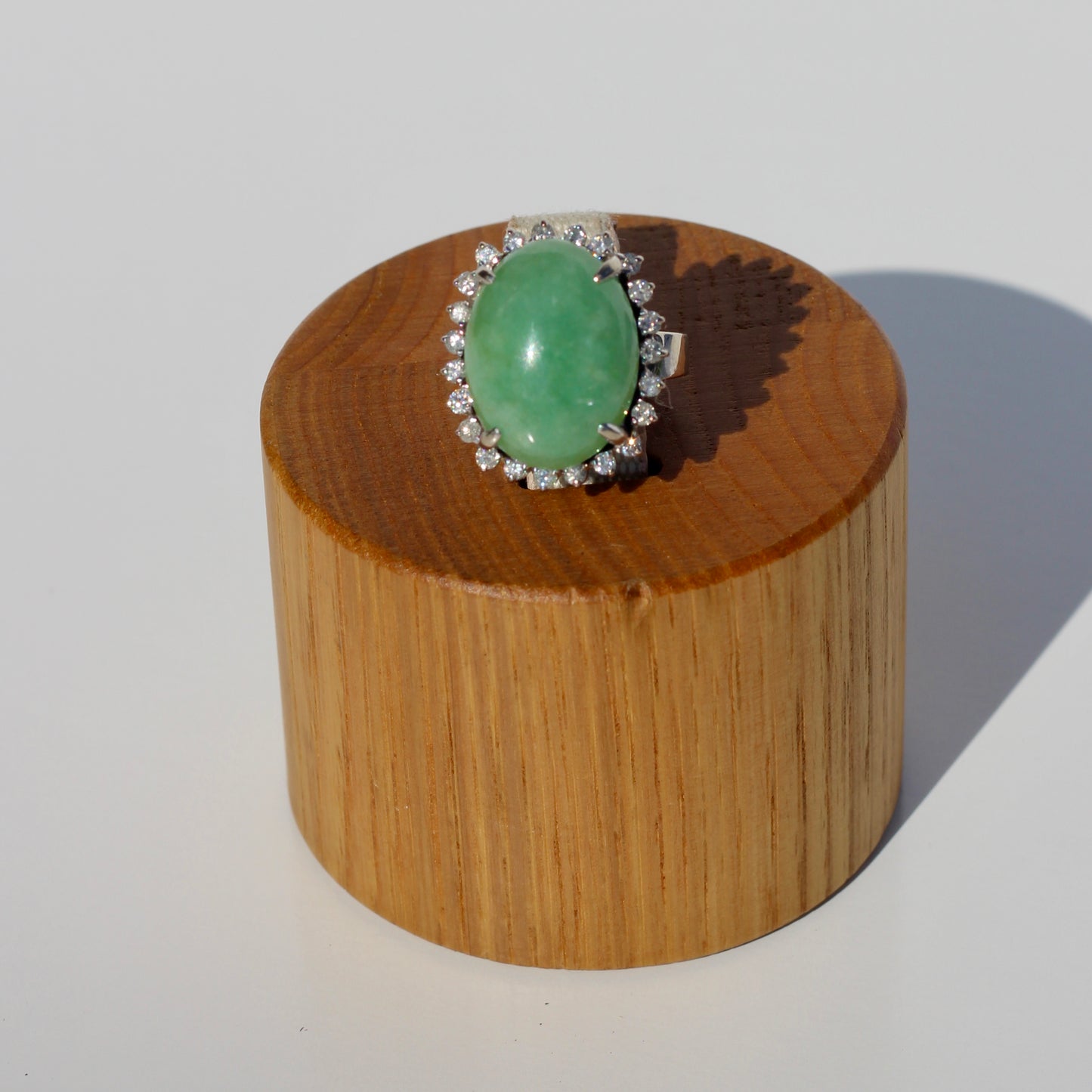 Jade Cabochon & Diamond Halo Ring, 14.13 Carats 14K Gold