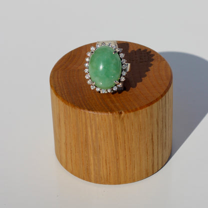 Jade Cabochon & Diamond Halo Ring, 14.13 Carats 14K Gold