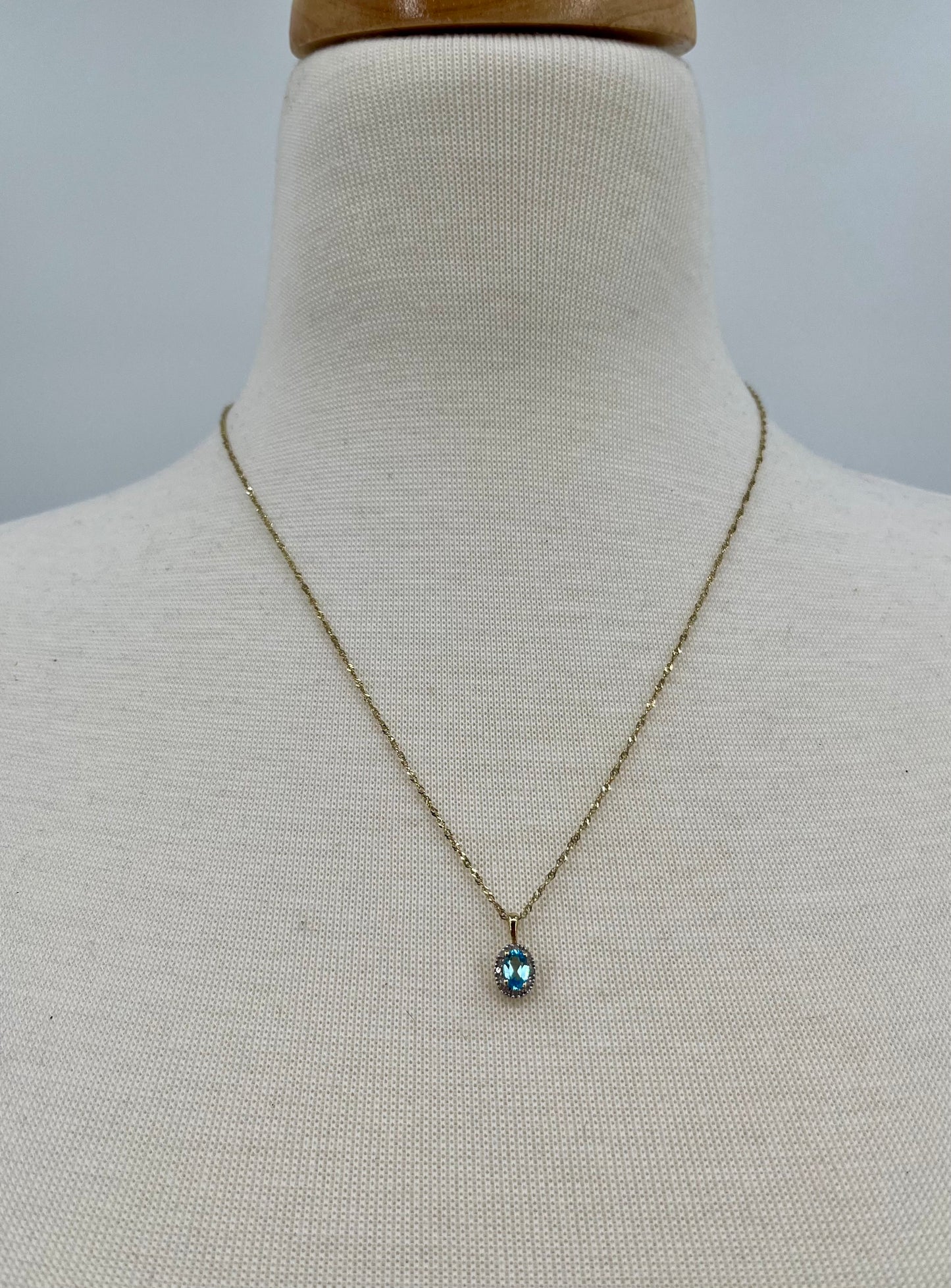 Antique Blue Topaz & Diamond Halo Necklace, 0.6 CTW 10K Gold