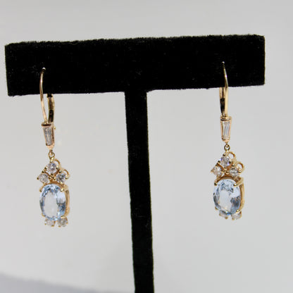 Antique Aquamarine & Diamond Drop Earrings, 3.78 Carats 14K Gold