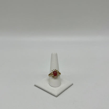 Antique Fire Opalescent Amber Cabochon & Spinel Ring- 2 CTW 9K Gold