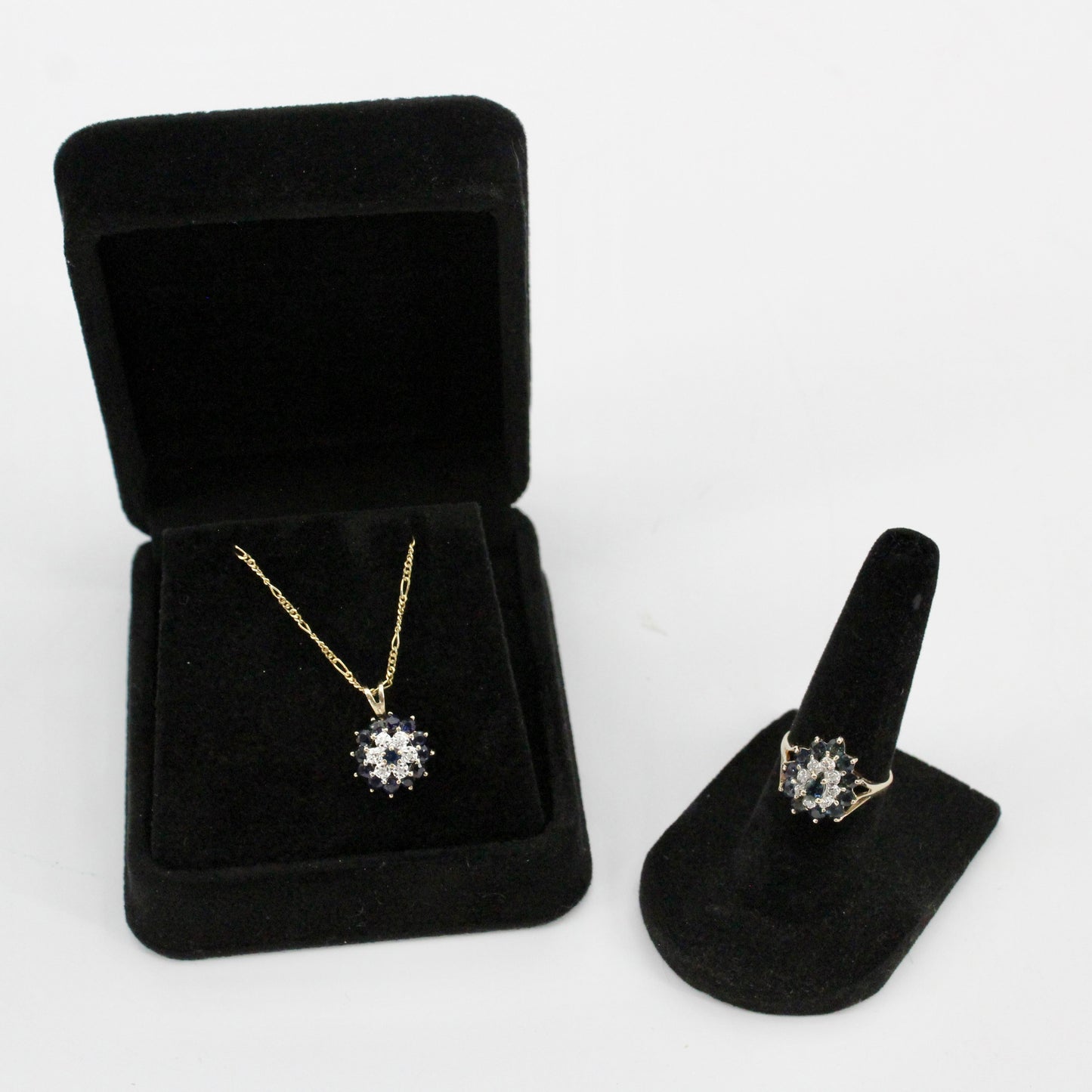 Antique Sapphire Diamond Cluster Set- Ring & Pendant, 2.25 Carats 14K Gold