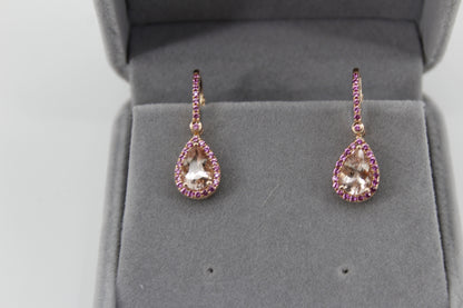 Morganite & Pink Sapphire Drop Earrings, 3.9 CTW 14K Rose Gold