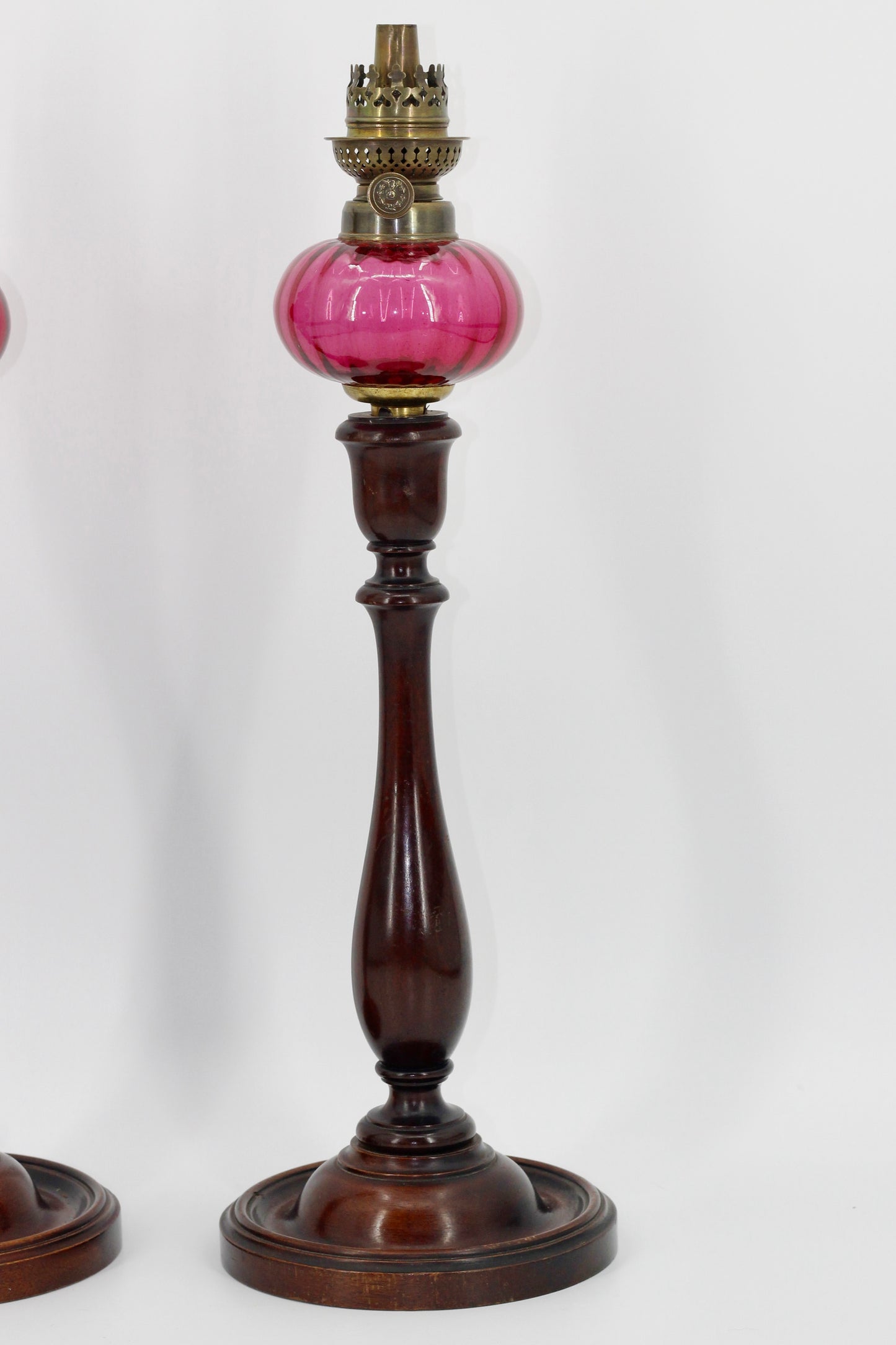 Imperial Russian Red-Font Mahogany Peg Lamp Pair