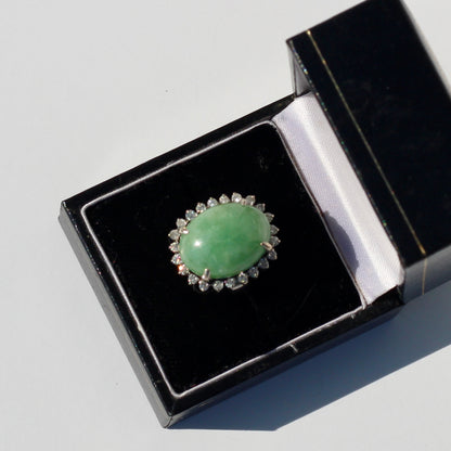 Jade Cabochon & Diamond Halo Ring, 14.13 Carats 14K Gold