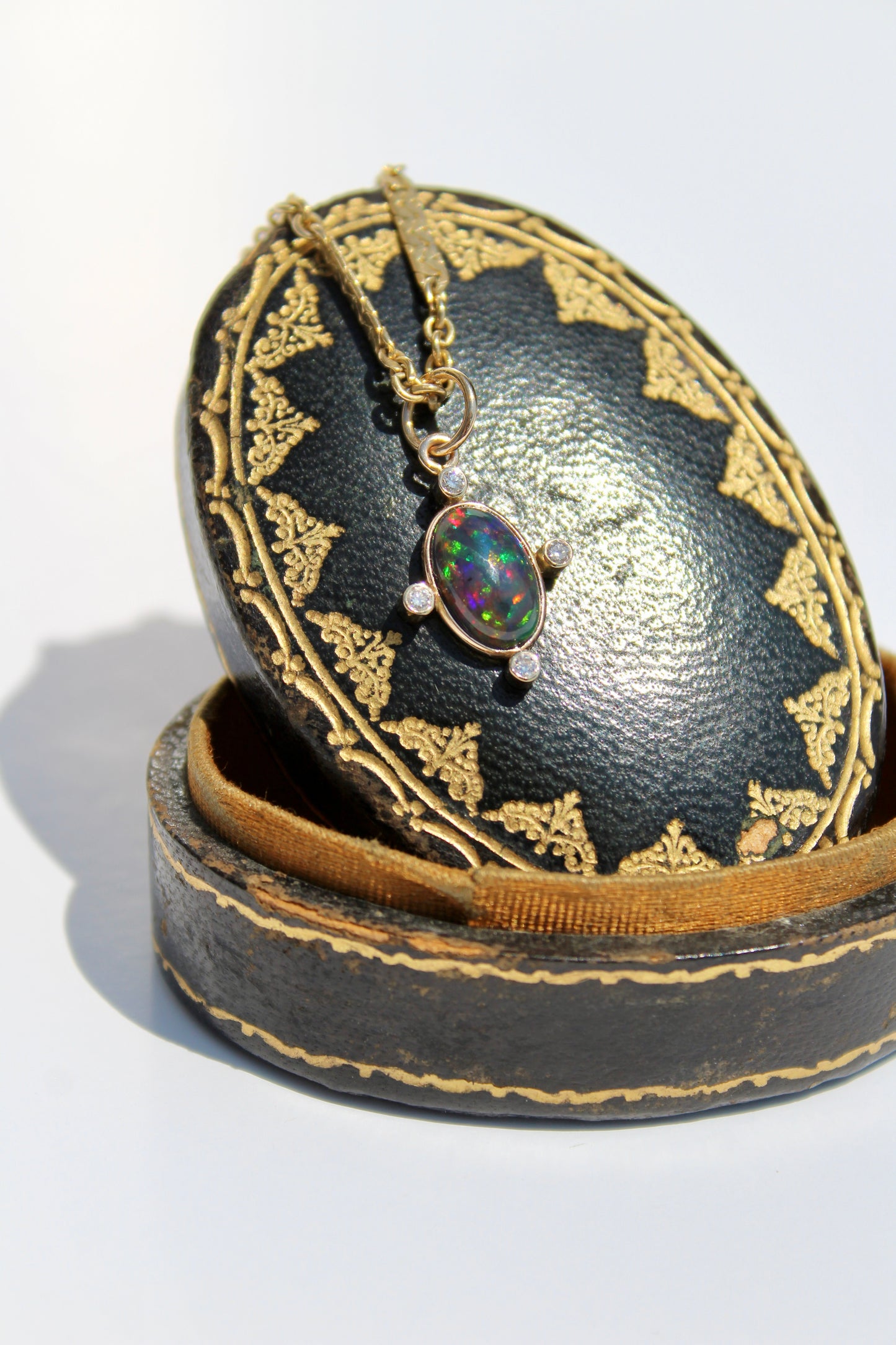 Black Opal Cabochon & Diamond Pendant, 2.12 Carats 14K Gold