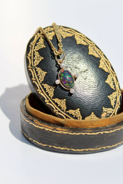 Black Opal Cabochon & Diamond Pendant, 2.12 Carats 14K Gold