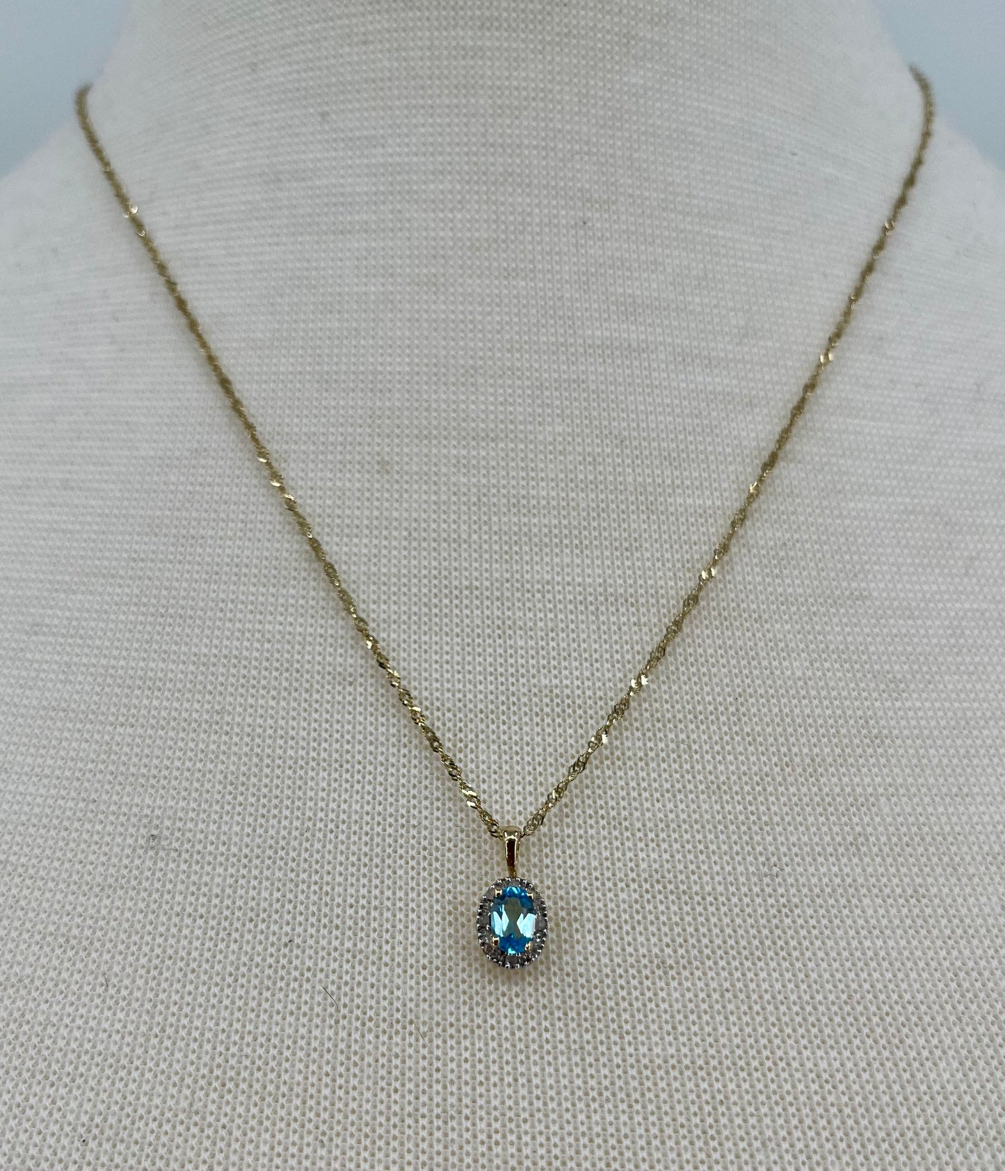 Antique Blue Topaz & Diamond Halo Necklace, 0.6 CTW 10K Gold