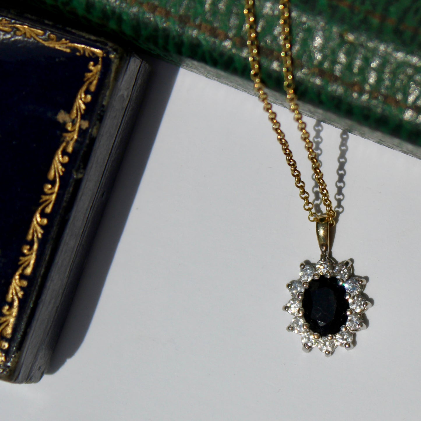 Antique Noir Sapphire & White Topaz Halo Pendant Necklace, 2.32 Carats 9K Gold