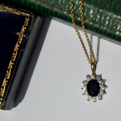 Antique Noir Sapphire & White Topaz Halo Pendant Necklace, 2.32 Carats 9K Gold