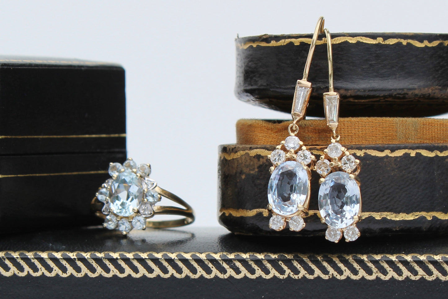 Antique Aquamarine & Diamond Set, 5.59 Carats 14K Gold